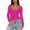 imageREORIA Sexy Lace Long Sleeve Shirts for Women V Neck Slim Fitted Y2K Trendy Fall Going Out Tops ClothingNeon Rose Red