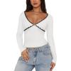 imageREORIA Sexy Lace Long Sleeve Shirts for Women V Neck Slim Fitted Y2K Trendy Fall Going Out Tops ClothingWhite