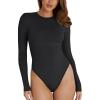imageREORIA Womens Basic Crewneck Long Sleeve Tummy Control Thong Bodysuit TopsBlack