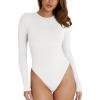 imageREORIA Womens Basic Crewneck Long Sleeve Tummy Control Thong Bodysuit TopsWhite