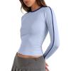 imageREORIA Womens Color Block Workout Long Sleeve Crop Tops Trendy Slim Fitted Striped Shirts Teen Girl Clothes 2025Sky Blue