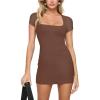imageREORIA Womens Sexy Square Neck Bodycon Short Dress Elegant Basic Short Sleeve Ribbed Party Club Mini DressCoffee