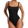 imageREORIA Womens Sexy Square Neck Sleeveless Backless Seamless Double Lined Bodysuits Tank TopsBlack