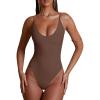 imageREORIA Womens Summer Sexy Deep Round Neck Double Lined Sleeveless Trendy Going Out Bodysuit Tank TopsCoffee