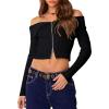 imageREORIA Womens Y2k Trendy Off The Shoulder Double Zip Up Fall Long Sleeve Cropped Pullover Sweaters TopsBlack