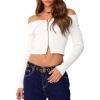 imageREORIA Womens Y2k Trendy Off The Shoulder Double Zip Up Fall Long Sleeve Cropped Pullover Sweaters TopsWhite