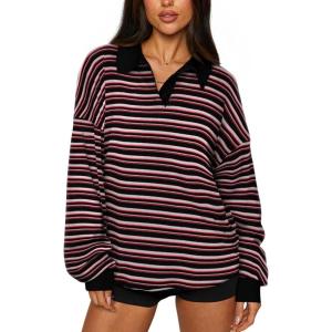 imageREORIA Oversized Sweatshirt for Women Trendy Fall Fashion 2025 Y2k Striped Long Sleeve Pullover Rugby Shirt Tops ClothesBlack Pink Striped
