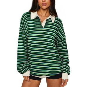 imageREORIA Oversized Sweatshirt for Women Trendy Fall Fashion 2025 Y2k Striped Long Sleeve Pullover Rugby Shirt Tops ClothesGreen Blue Striped