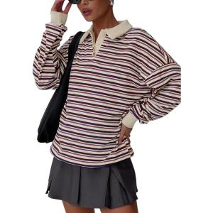imageREORIA Oversized Sweatshirt for Women Trendy Fall Fashion 2025 Y2k Striped Long Sleeve Pullover Rugby Shirt Tops ClothesRed Blue Striped