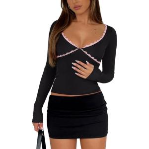 imageREORIA Sexy Lace Long Sleeve Shirts for Women V Neck Slim Fitted Y2K Trendy Fall Going Out Tops ClothingBlack
