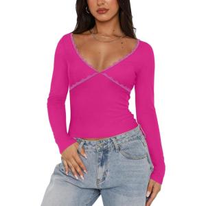 imageREORIA Sexy Lace Long Sleeve Shirts for Women V Neck Slim Fitted Y2K Trendy Fall Going Out Tops ClothingNeon Rose Red