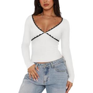 imageREORIA Sexy Lace Long Sleeve Shirts for Women V Neck Slim Fitted Y2K Trendy Fall Going Out Tops ClothingWhite