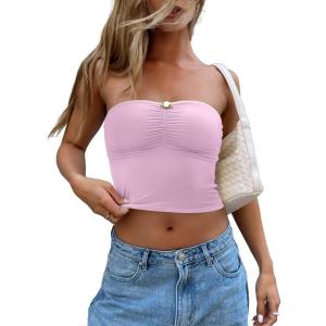 imageREORIA Women Sexy Ruched Tube Top Summer Y2K Trendy Going Out Double Lined Sleeveless Crop Tank TopsPetal
