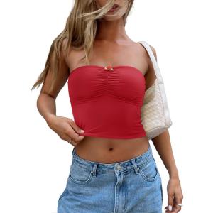 imageREORIA Women Sexy Ruched Tube Top Summer Y2K Trendy Going Out Double Lined Sleeveless Crop Tank TopsRed