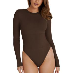 imageREORIA Womens Basic Crewneck Long Sleeve Tummy Control Thong Bodysuit TopsCocoa