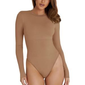 imageREORIA Womens Basic Crewneck Long Sleeve Tummy Control Thong Bodysuit TopsOchre