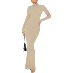 imageREORIA Womens Casual Mock Turtleneck Long Sleeve Elegant Long Dress Lounge Ribbed Bodycon Maxi DressesKhaki
