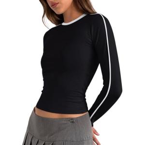imageREORIA Womens Color Block Workout Long Sleeve Crop Tops Trendy Slim Fitted Striped Shirts Teen Girl Clothes 2025Black