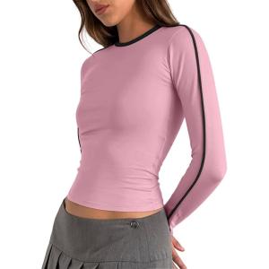 imageREORIA Womens Color Block Workout Long Sleeve Crop Tops Trendy Slim Fitted Striped Shirts Teen Girl Clothes 2025Light Pink