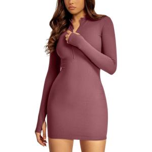 imageREORIA Womens Fall Casual Front Zipper Long Sleeve Dress Trendy Bodycon Mini Dresses for Women 2025Masala