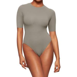 imageREORIA Womens Fashion Crew Neck Short Sleeve Double Lined TShirts Basic Going Out Bodysuit TopsAntique Pewter