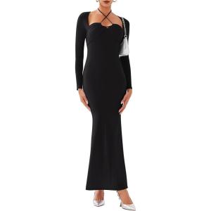 imageREORIA Womens Long Sleeve Inverted Trapezoid Cross Neck Mermaid Dress 2025 FallWinter Designer CollectionBlack