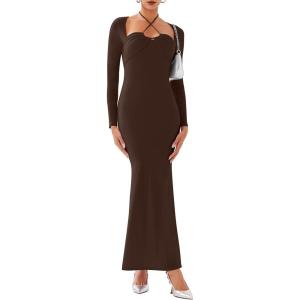 imageREORIA Womens Long Sleeve Inverted Trapezoid Cross Neck Mermaid Dress 2025 FallWinter Designer CollectionCocoa