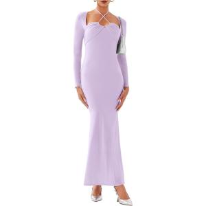 imageREORIA Womens Long Sleeve Inverted Trapezoid Cross Neck Mermaid Dress 2025 FallWinter Designer CollectionLavender
