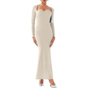 imageREORIA Womens Long Sleeve Inverted Trapezoid Cross Neck Mermaid Dress 2025 FallWinter Designer CollectionNude