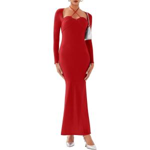 imageREORIA Womens Long Sleeve Inverted Trapezoid Cross Neck Mermaid Dress 2025 FallWinter Designer CollectionRed