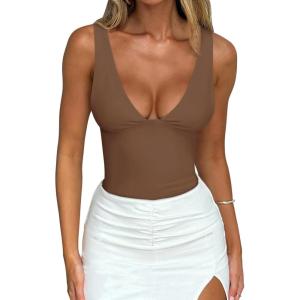 imageREORIA Womens Sexy Plunge Deep V Neck Sleeveless V Backless Trendy Y2k Going Out Bodysuits Tank TopsCoffee