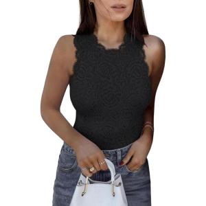 imageREORIA Womens Sexy Sleeveless Racer Back Halter Neck Lace Y2K Trendy Bodysuit Tank TopsBlack
