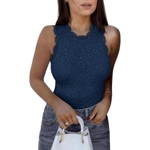 imageREORIA Womens Sexy Sleeveless Racer Back Halter Neck Lace Y2K Trendy Bodysuit Tank TopsNavy Blue