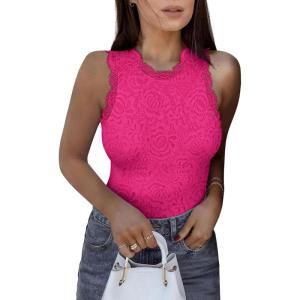imageREORIA Womens Sexy Sleeveless Racer Back Halter Neck Lace Y2K Trendy Bodysuit Tank TopsNeon Rose Red