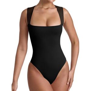 imageREORIA Womens Sexy Sleeveless Square Neck Mesh Sheer Double Lined 2025 Trendy Going Out Bodysuit TopsBlack