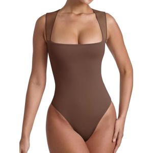 imageREORIA Womens Sexy Sleeveless Square Neck Mesh Sheer Double Lined 2025 Trendy Going Out Bodysuit TopsCoffee