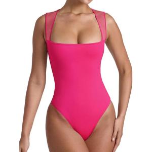imageREORIA Womens Sexy Sleeveless Square Neck Mesh Sheer Double Lined 2025 Trendy Going Out Bodysuit TopsNeon Rose Red