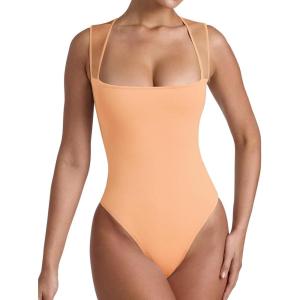 imageREORIA Womens Sexy Sleeveless Square Neck Mesh Sheer Double Lined 2025 Trendy Going Out Bodysuit TopsPeach Fuzz