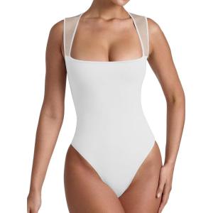imageREORIA Womens Sexy Sleeveless Square Neck Mesh Sheer Double Lined 2025 Trendy Going Out Bodysuit TopsWhite