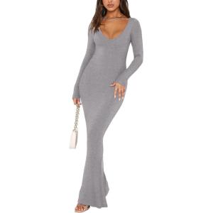 imageREORIA Womens Sexy Soft Lounge Ribbed Long Dress Elegant Long Sleeve Deep V Neck Bodycon Maxi DressesLight Grey