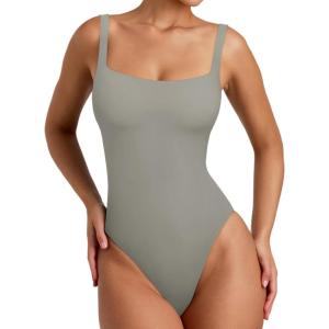 imageREORIA Womens Sexy Square Neck Sleeveless Backless Seamless Double Lined Bodysuits Tank TopsAntique Pewter