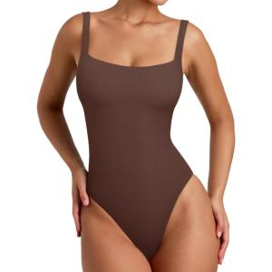 imageREORIA Womens Sexy Square Neck Sleeveless Backless Seamless Double Lined Bodysuits Tank TopsCoffee
