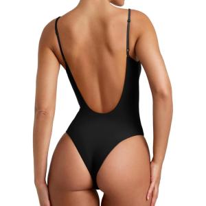 imageREORIA Womens Sexy Trendy Open Back V Neck Spaghetti Strap Backless Trendy Cami Bodysuit TopsBlack