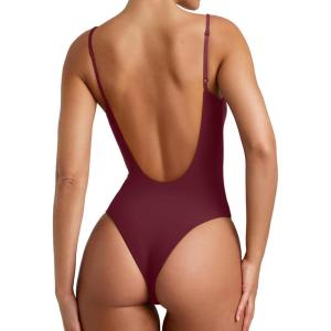 imageREORIA Womens Sexy Trendy Open Back V Neck Spaghetti Strap Backless Trendy Cami Bodysuit TopsBurgundy