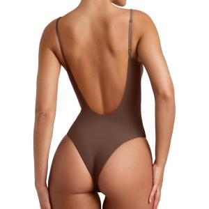 imageREORIA Womens Sexy Trendy Open Back V Neck Spaghetti Strap Backless Trendy Cami Bodysuit TopsCoffee