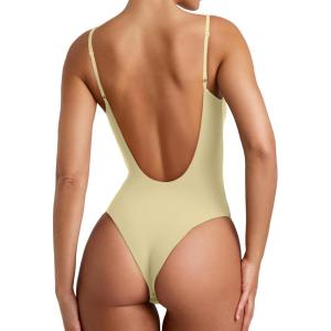 imageREORIA Womens Sexy Trendy Open Back V Neck Spaghetti Strap Backless Trendy Cami Bodysuit TopsHoneybee