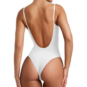imageREORIA Womens Sexy Trendy Open Back V Neck Spaghetti Strap Backless Trendy Cami Bodysuit TopsWhite