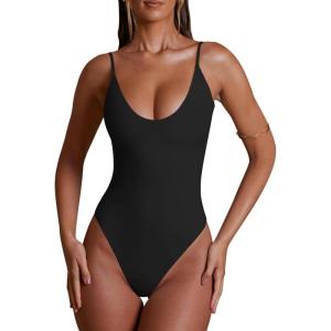 imageREORIA Womens Summer Sexy Deep Round Neck Double Lined Sleeveless Trendy Going Out Bodysuit Tank TopsBlack