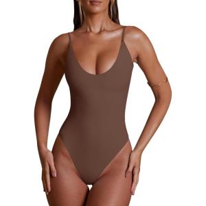 imageREORIA Womens Summer Sexy Deep Round Neck Double Lined Sleeveless Trendy Going Out Bodysuit Tank TopsCoffee