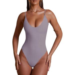 imageREORIA Womens Summer Sexy Deep Round Neck Double Lined Sleeveless Trendy Going Out Bodysuit Tank TopsHazy Lilac